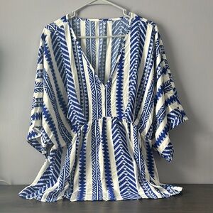 Blue and White Geometric Patterned Blouse